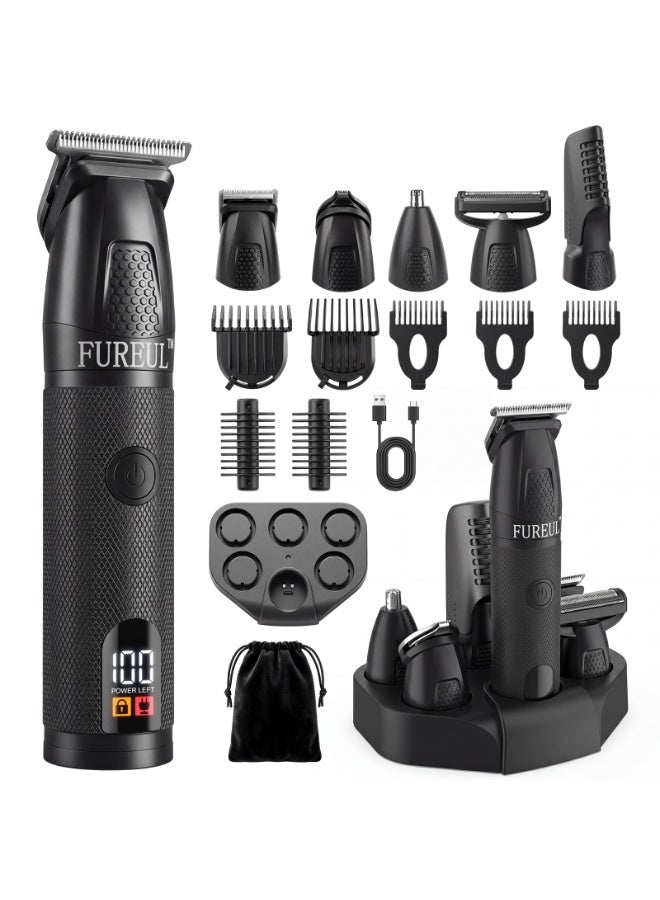 فوريول ماكينة حلاقة شعر كهربائية للرجال من FUREUL، طقم تشذيب لاسلكي 13 في 1 مع شفرة T دقيقة، ماكينة حلاقة للجسم واللحية مقاومة للماء (رطب وجاف)، شاشة LED، تشغيل 120 دقيقة - أسود - Image 1